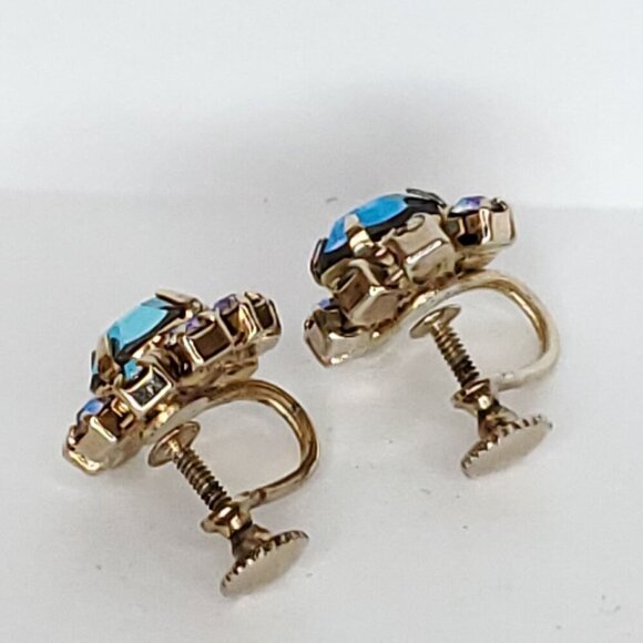 Vintage Aurora Borealis Rhinestone Screw Back Earrings Blue Clear Floral 5/8" - Picture 5 of 5